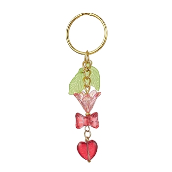 Bowknot & Heart Glass Pendant Decorations, with Acrylic Leaf/Flower Charm amd Iron Split Key Rings, Red, 8.8cm