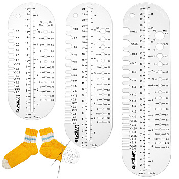 Transparent Acrylic Templates, Sock Ruler Knitting Crochet Size Measuring Hooks Gauge, Sock Blocker, Oval, 200~300x80x3mm, Hole: 8mm, 3pcs/set