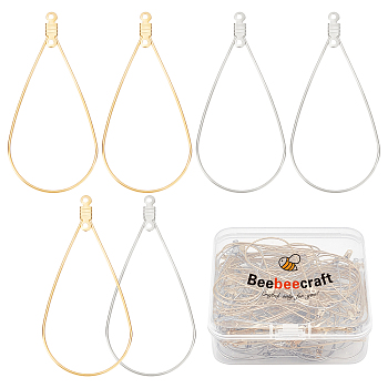 100Pcs 2 Color 304 Stainless Steel Wire Pendants, Hoop Earring Findings, 2-Loop Link Pendants, Teardrop, Golden & Stainless Steel Color, 22 Gauge, 48.5x23x0.6mm, Hole: 1.2mm, 50pcs/color