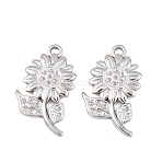 304 Stainless Steel Pendants, Sunflower with Leaf Charm, Stainless Steel Color, 21x12x2mm, Hole: 1.2mm(STAS-K322-01P)
