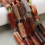 Natural Fire Crackle Agate Beads Strands, Dyed & Heated, Hexagonal Prism, Sienna, 30~41x13~14.5x12~13mm, Hole: 3mm, about 8~11pcs/strand, 15.75~16.54''(40~42cm)(G-P605-J02-01)