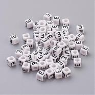 White Letter E Cube Acrylic Beads, Horizontal Hole, Size: about 6mm wide, 6mm long, 6mm high, hole: 3.2mm, about 300pcs/50g(X-PL37C9308-E)