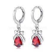 Platinum Tone Stainless Steel Dangle Earrings, with Cubic Zirconia, Red, 26x9mm(EJEW-EE0002-04A)