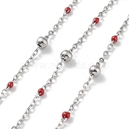304 Stainless Steel Cable Chain, with Enamel, Soldered, Dark Red, Beads: 3.5~3.6x3.5mm, Link: 5x2x2mm and 2x1.5x0.3mm(CHS-F019-01P-03)