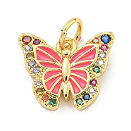 Rack Plating Brass Micro Pave Cubic Zirconia with Enamel Charms, with Jump Rings Long-Lasting Plated, Lead Free & Cadmium Free, Butterfly, Deep Pink, 11x13x2.8mm, Hole: 3mm(KK-Q814-23G-03)