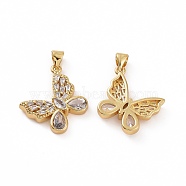 Brass Micro Pave Clear Cubic Zirconia Pendants, Butterfly, Golden, 19x17.5x4mm, Hole: 3.5x5mm(ZIRC-F135-15G)