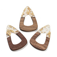 Walnut Wood Pendant, Resin & Gold Foil, with Glitter Powder, Teardrop, Clear, 45x30x3.5mm, Hole: 2mm(FIND-Z050-07C)