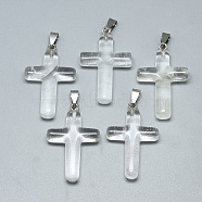 Watermelon Stone Glass Pendants, with Stainless Steel Snap On Bails, Cross, Stainless Steel Color, 44~46x28x8mm, Hole: 3~4x7~8.5mm(G-T122-18L)