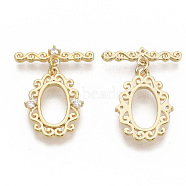 Brass Micro Pave Clear Cubic Zirconia Toggle Clasps, with Jump Rings, Nickel Free, Oval, Real 18K Gold Plated, Oval: 20.5x15.5x2.5mm, Hole: 1.2mm, Bar: 21x4x2.5mm, Hole: 1.2mm, Jump Ring: 5x0.8mm.(KK-T051-24G-NF)