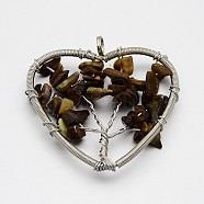 Brass Gemstone Pendants, Heart with Tree of Life, Platinum, 46~50x48~53x10mm, Hole: 5mm(G-F181-09)