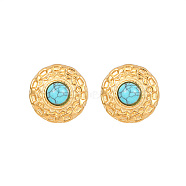 Synthetic Turquoise Flat Round Stud Earrings, Golden 304 Stainless Steel Earrings, 22mm(KQ6681-4)