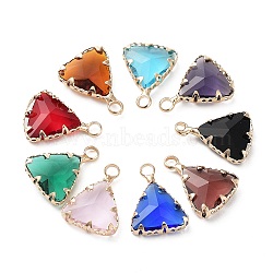 Brass and K9 Glass Pendants, Triangle Charms, Mixed Color, 17x12.5x4mm, Hole: 2.5mm(KK-Z031-17KCG)