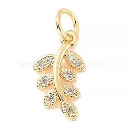 Plating Brass Micro Pave Clear Cubic Zirconia Pendant, with Jump Ring, Long-Lasting Plated, Cadmium Free & Lead Free, Leaf, Real 18K Gold Plated, 14x8x2mm, Jump Ring: 5x0.9mm, 3mm Inner Diameter(KK-B055-02G)