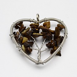 Brass Gemstone Pendants, Heart with Tree of Life, Platinum, 46~50x48~53x10mm, Hole: 5mm(G-F181-09)