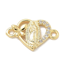 Rack Plating Brass Micro Pave Clear Cubic Zirconia Religion Heart Virgin Mary Connector Charms, Long-Lasting Plated, Lead Free & Cadmium Free, Real 18K Gold Plated, 10x16x2.2mm, Hole: 1.6mm(KK-L224-099G-01)