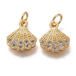 Brass Micro Pave Clear Cubic Zirconia Charms, Long-Lasting Plated, with Jump Ring, Shell Shape, Golden, 12x10x2mm, Jump Ring: 5x1mm, 3mm Inner Diameter(ZIRC-C020-49G)