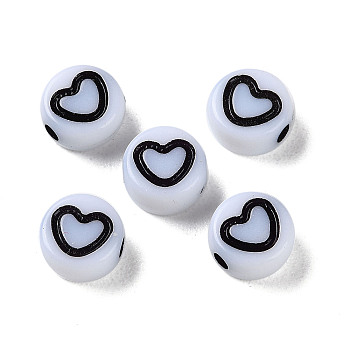 Opaque Acrylic Beads, Craft Style, Flat Round with Heart, Black, 6.5x3.5mm, Hole: 1.6mm, about 4500pcs/500g