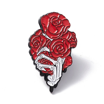 Skeleton Hand with Rose Enamel Pin, Halloween Alloy Brooch for Backpack Clothes, Electrophoresis Black, Red, 32x18x1mm