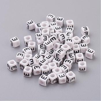White Letter E Cube Acrylic Beads, Horizontal Hole, Size: about 6mm wide, 6mm long, 6mm high, hole: 3.2mm, about 300pcs/50g