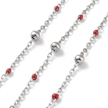 304 Stainless Steel Cable Chain, with Enamel, Soldered, Dark Red, Beads: 3.5~3.6x3.5mm, Link: 5x2x2mm and 2x1.5x0.3mm