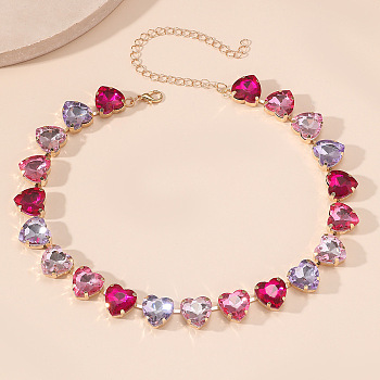 Alloy Colorful Rhinestone Cup Chain Necklaces for Women, Golden, Heart, 14.96 inch(38cm)