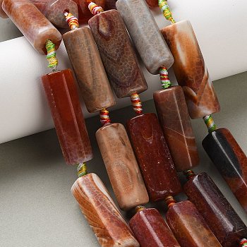 Natural Fire Crackle Agate Beads Strands, Dyed & Heated, Hexagonal Prism, Sienna, 30~41x13~14.5x12~13mm, Hole: 3mm, about 8~11pcs/strand, 15.75~16.54''(40~42cm)
