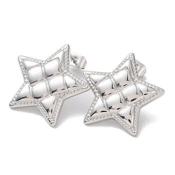 304 Stainless Steel Stud Earrings, Manual Polished, Star with Tartan Ear Studs for Women, Stainless Steel Color, 21x22mm