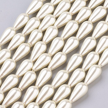 Grade A Glass Pearl Beads, Painted, Teardrop, Floral White, 16x8mm, Hole: 1mm, about 24pcs/strand