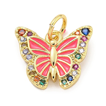 Rack Plating Brass Micro Pave Cubic Zirconia with Enamel Charms, with Jump Rings Long-Lasting Plated, Lead Free & Cadmium Free, Butterfly, Deep Pink, 11x13x2.8mm, Hole: 3mm