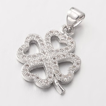 Clover Brass Micro Pave Cubic Zirconia Charms, Lead Free & Nickel Free, Platinum, 18x16x2mm, Hole: 3x4mm