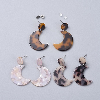 Cellulose Acetate(Resin) Crescent Moon Dangle Earrings, with 304 Stainless Steel Earring Findings and Ear Nuts, Mixed Color, 42mm, Pin: 0.7mm