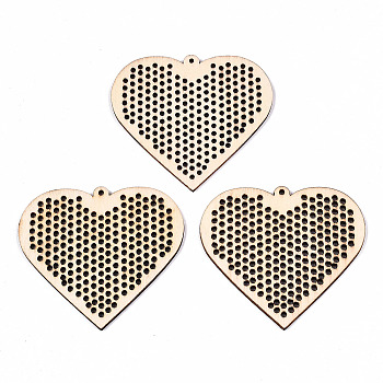 Undyed Natural Wooden Big Pendants, Laser Cut Shapes, Heart with Hollow Hole, Antique White, 54x59.5x2mm, Hole: 1.6mm