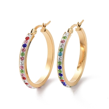 304 Stainless Steel Hoop Earrings, with Polymer Clay and Rhinestone, Ring, Golden, Colorful, 30x29x3.5mm