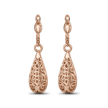 SHEGRACE Fashion Real 18K Gold Plated Dangle Brass Leverback Earrings, with Hollow Decorative Pattern Drop Pendant, Rose Gold, 40mm, Pin: 1mm