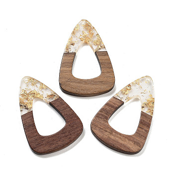 Walnut Wood Pendant, Resin & Gold Foil, with Glitter Powder, Teardrop, Clear, 45x30x3.5mm, Hole: 2mm