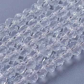 Imitation Crystal Glass Beads, Rondelle, Crystal, Faceted, Size: about 4.5mm in diameter, 3.5mm thick, hole: 1mm, about 113~115pcs/strand, 41~42cm
