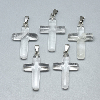 Watermelon Stone Glass Pendants, with Stainless Steel Snap On Bails, Cross, Stainless Steel Color, 44~46x28x8mm, Hole: 3~4x7~8.5mm
