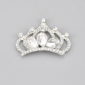 Alloy Rhinestone Cabochons, Crown, Crystal, Silver, 27~28x37~37.5x6mm