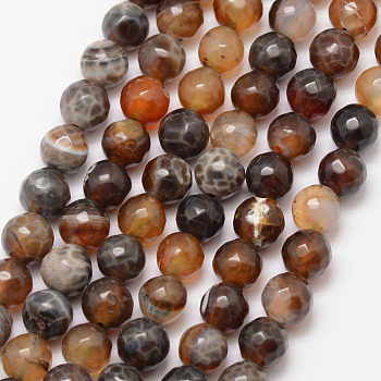 Natural Fire Crackle Agate Bead Strands, Round, Grade A, Faceted, Dyed & Heated, Coconut Brown, 8mm, Hole: 1mm, about 47pcs/strand, 15 inch