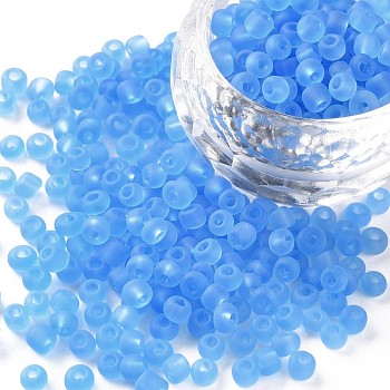 Glass Seed Beads, Frosted Colors, Round, Sky Blue, 4mm, Hole: 1~1.5mm, about 4500pcs/pound