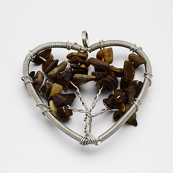 Brass Gemstone Pendants, Heart with Tree of Life, Platinum, 46~50x48~53x10mm, Hole: 5mm
