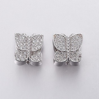 Brass Micro Pave Cubic Zirconia European Beads, Large Hole Beads, Butterfly, Clear, Platinum, 9.5x9.5x9mm, Hole: 4.5mm