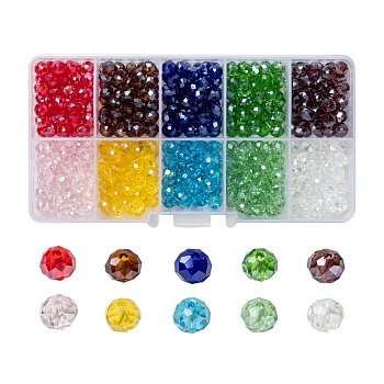 Electroplate Glass Beads, Pearl Luster Plated, Faceted, Rondelle, Mixed Color, 6x5mm, Hole: 1mm, 10 colors, 50pcs/color, 500pcs/box