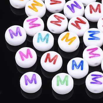 Initial Acrylic Beads, Horizontal Hole, Flat Round, Mixed Color, Letter.M, 7x3.5~4mm, Hole: 1.2mm, about 370pcs/50g