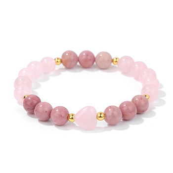 Heart & Round Natural Rhodonite Bead Stretch Bracelets, show in picture