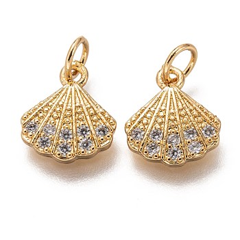 Brass Micro Pave Clear Cubic Zirconia Charms, Long-Lasting Plated, with Jump Ring, Shell Shape, Golden, 12x10x2mm, Jump Ring: 5x1mm, 3mm Inner Diameter