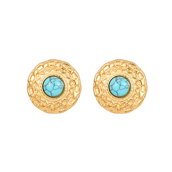Synthetic Turquoise Flat Round Stud Earrings, Golden 304 Stainless Steel Earrings, 22mm