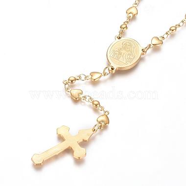 Crucifix Cross with Oval Rosary Bead Necklace(NJEW-E070-33G)-5