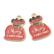 Alloy Enamel Pendants, for Christmas, Light Gold Plated, Bag with Word Merry Christmas, Red, 24x17.5x1mm, Hole: 1mm(ENAM-J649-31LG-B)