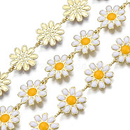Brass Flower Link Chains, with Enamel, Unwelded, Real 16K Gold Plated, White, 13.5~14x9.5~10x1mm(CHC-N018-098H)
